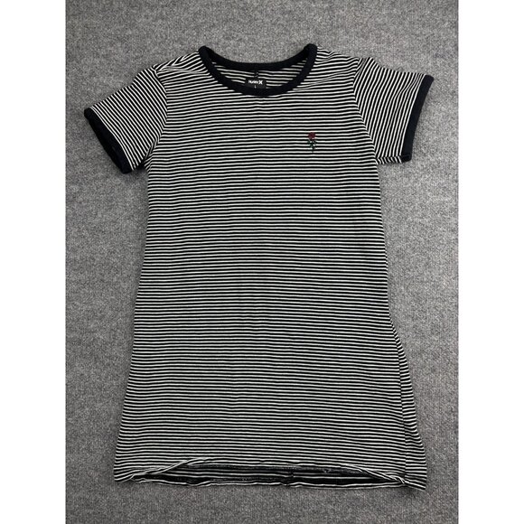 Hurley Dress Womens Large Black White Striped T-Shirt Rose Embroidered Casual - Picture 1 of 8